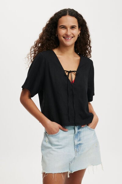 Haven Tie Front Short Sleeve Top, BLACK