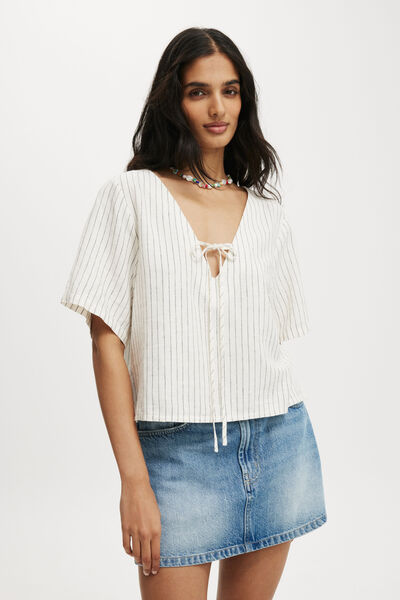 Haven Tie Front Short Sleeve Top, DAHNA PINSTRIPE