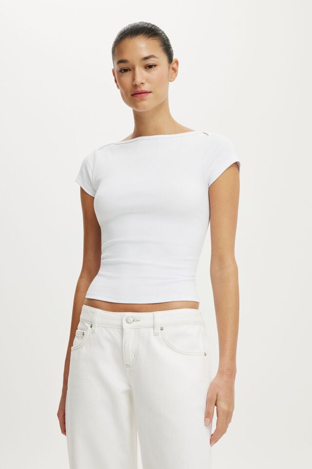 Boatneck Cap Sleeve Tee, WHITE