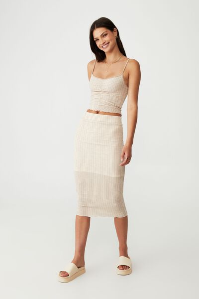Petite Holly Textured Midi Skirt, LINEN TAUPE GINGHAM