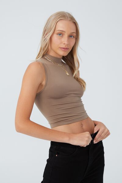 Seamless Ollie Mock Neck Tank, RICH TAUPE