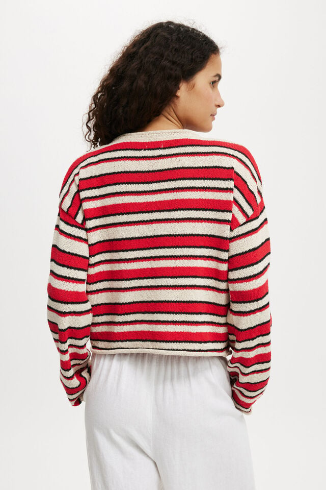 Roll Over Boat Neck Pullover, FIREY RED STRIPE