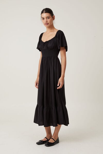 Violet Shirred Midi Dress, BLACK