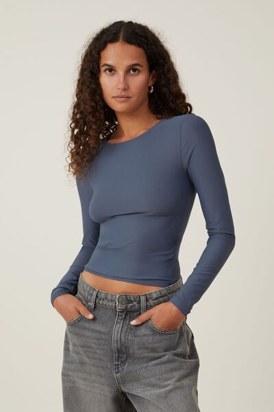 Smooth Crew Neck Long Sleeve Top, BLUE SLATE