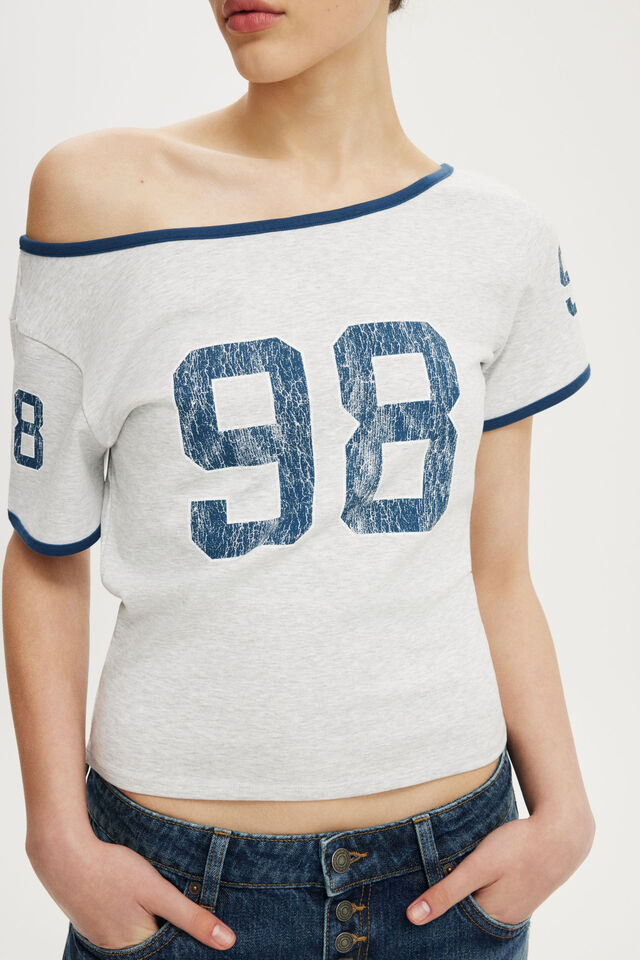 The Fitted Off Shoulder Graphic Tee, 98 / SOFT GREY MARLE