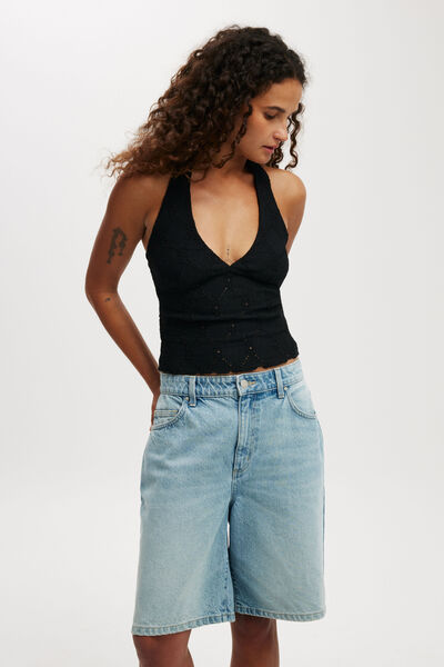 Kaia Textured Halter, BLACK