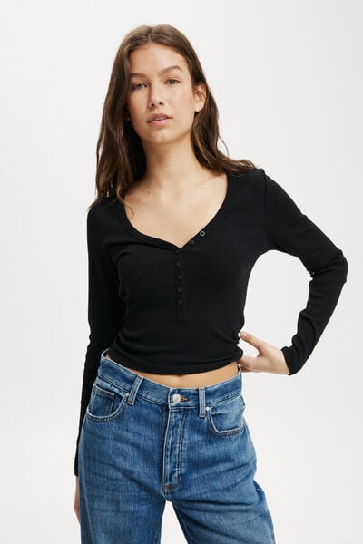 Kelsey V Front Henley Long Sleeve, BLACK