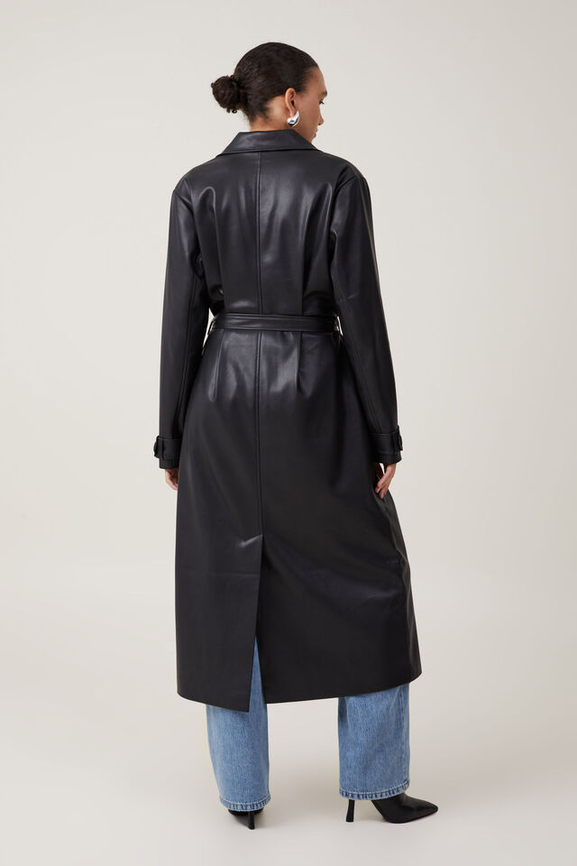 Brooklyn Faux Leather Trench Coat, BLACK