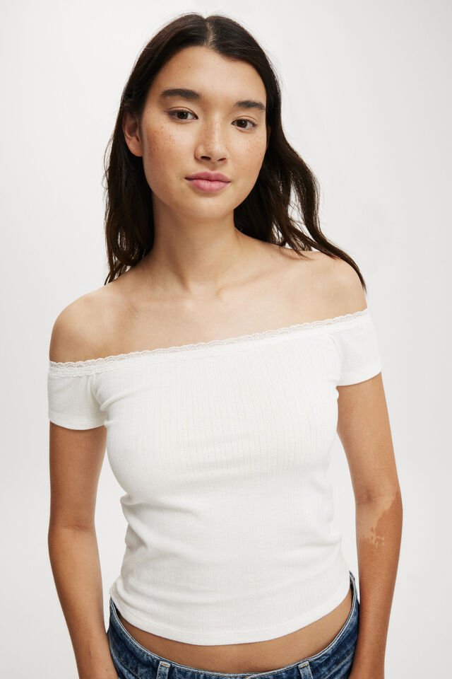 Sasha Lace Trim Off The Shoulder Top, VINTAGE WHITE