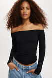 Staple Rib Rouched Off The Shoulder Top, BLACK - alternate image 2