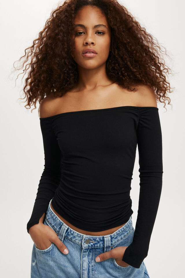 Staple Rib Rouched Off The Shoulder Top, BLACK
