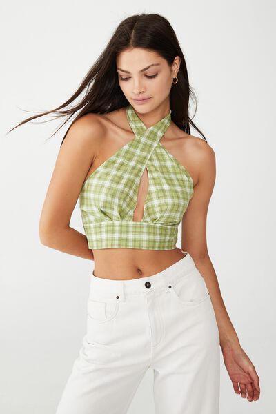 Cross Over Halter Cami, MISTY CHECK MICRO SOFT GREEN