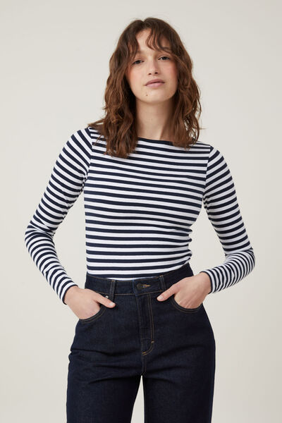 The One Basic Boat Neck Long Sleeve Top, CARA STRIPE WHITE/INK NAVY