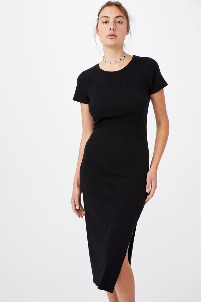 Essential Split Short Sleeve Midi Dress, BLACK