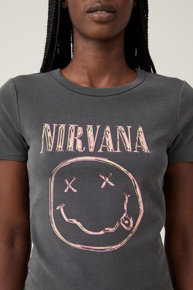 Nirvana Fitted Graphic Music Longline Tee, LCN MT NIRVANA SMILEY/ GRAPHITE