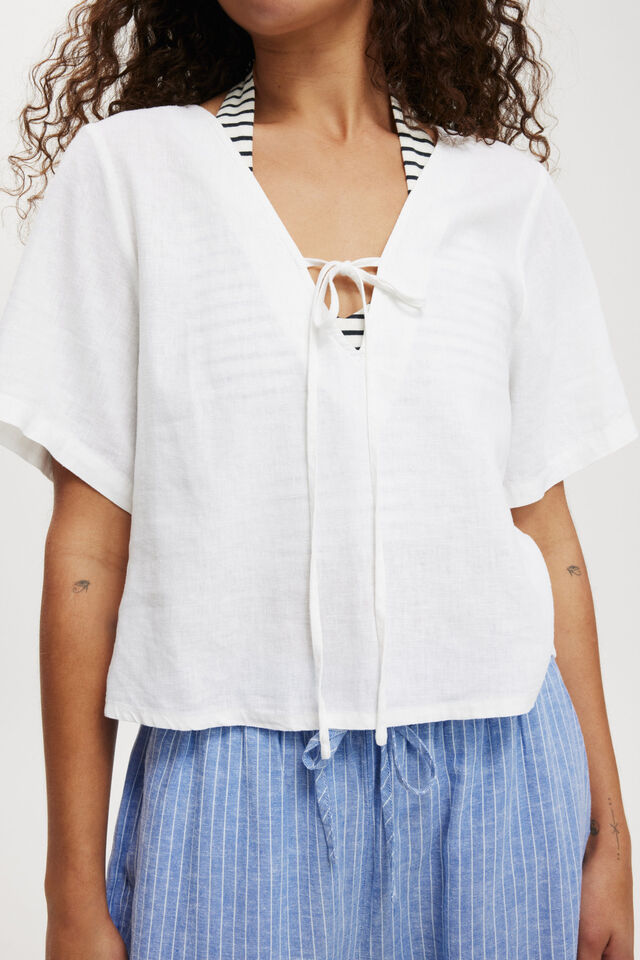 Haven Tie Front Short Sleeve Top, WHITE