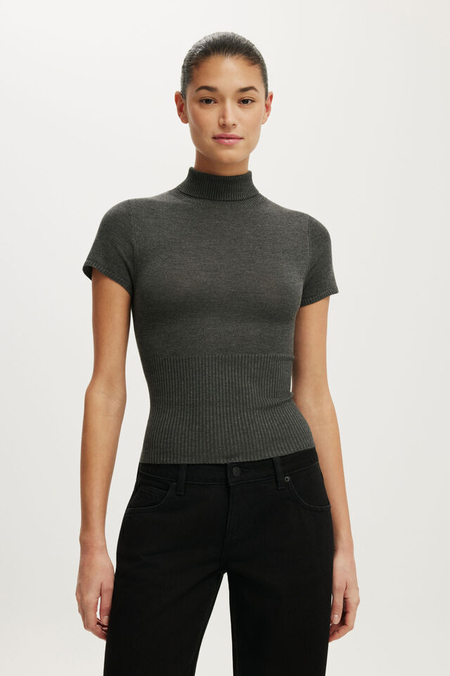 Close Knit Ss Roll Neck, CHARCOAL MARLE