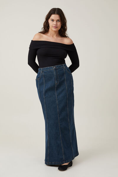 Panel Flare Denim Maxi Skirt, MISTIC BLUE