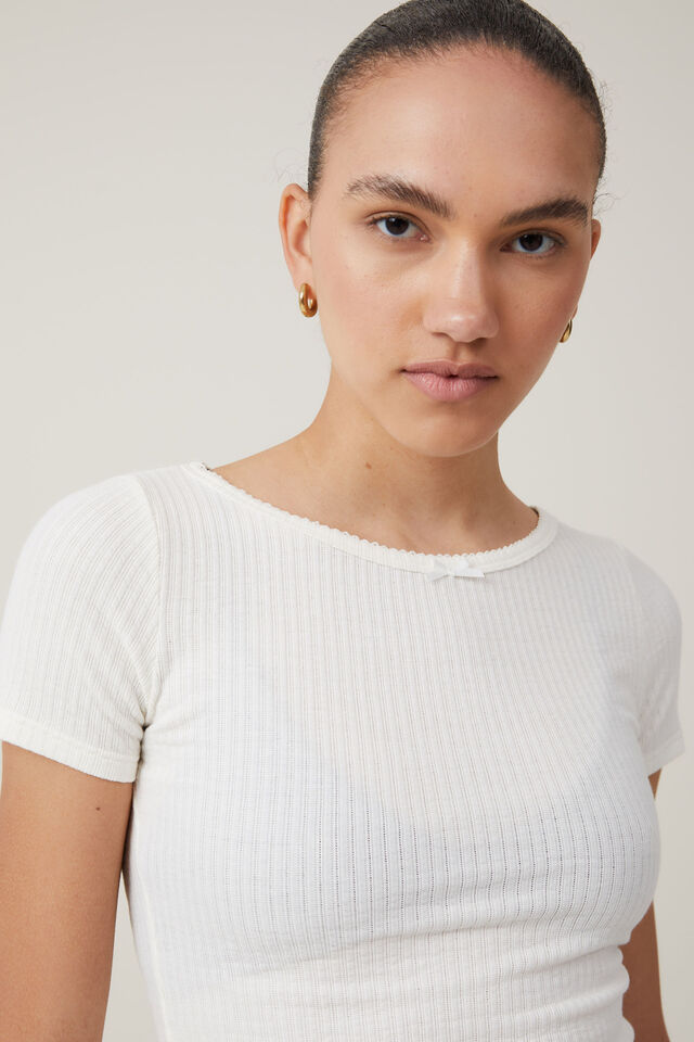 Camiseta - Heidi Picot Trim Short Sleeve Top, NATURAL WHITE