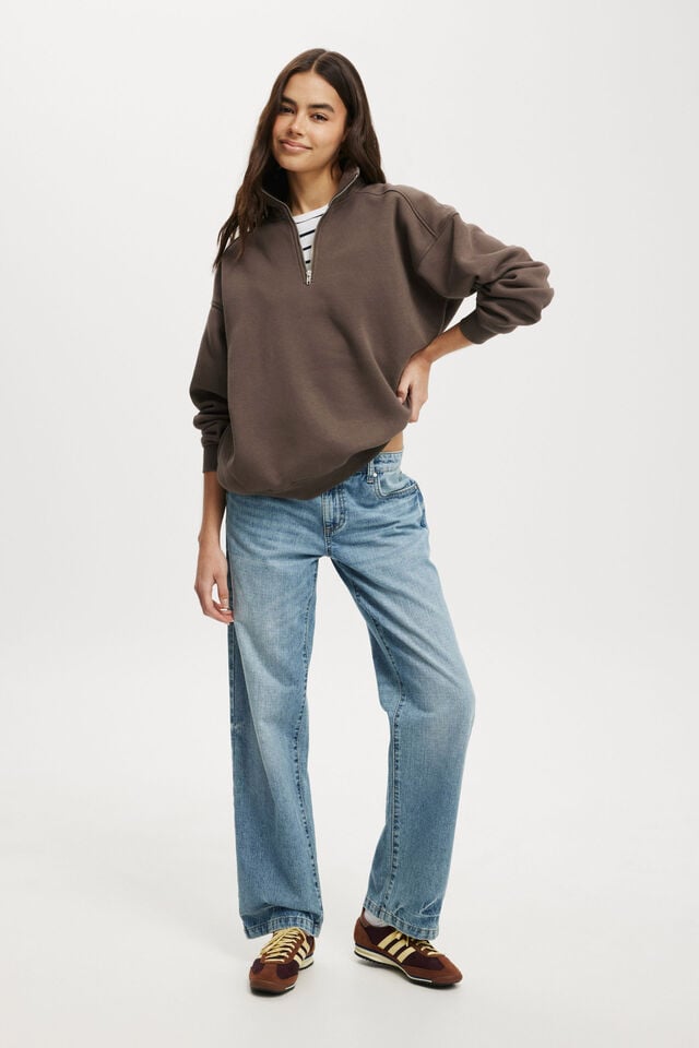 Classic Oversized Half Zip Sweatshirt, DARK TRUFFLE