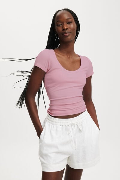 Camiseta - Staple Rib Scoop Neck Short Sleeve Top, PINK