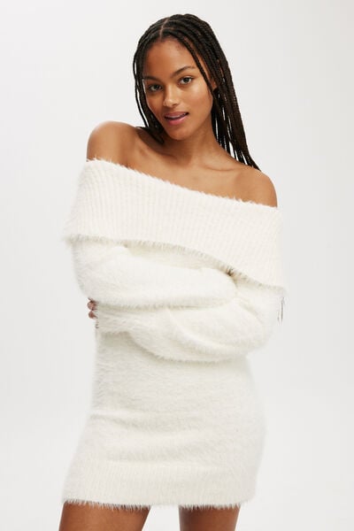 Faux Off Shoulder Sweater Dress, ECRU