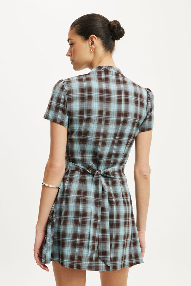 Nikki Button Mini Dress, BLUE BROWN CHECK