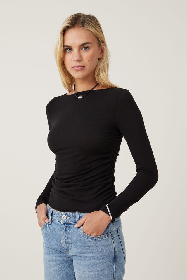 Camiseta - Hazel Boat Neck Long Sleeve Top, BLACK