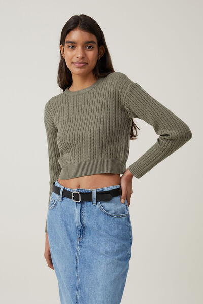 Everfine Cable Crew Neck Pullover, WOODLAND
