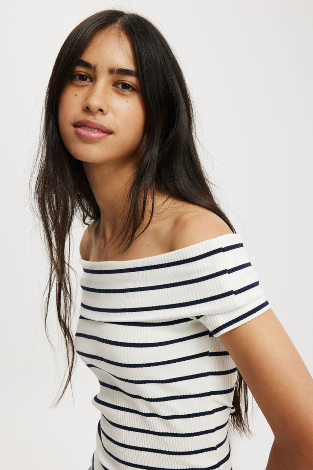 Rosa Off The Shoulder Short Sleeve Top, REMI STRIPE NATURAL WHITE/WINTER NIGHT