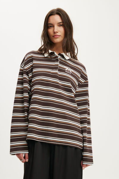 Oversized Long Sleeve Graphic Polo, RHODE ISLAND / BROWN STRIPE
