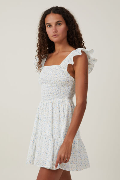 Bianca Flutter Sleeve Mini Dress, LAEL DITSY STONE BLUE