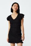 Petite V Neck Shirred Mini Dress, BLACK