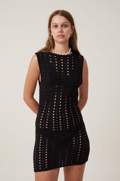 Crochet Mini Dress, BLACK