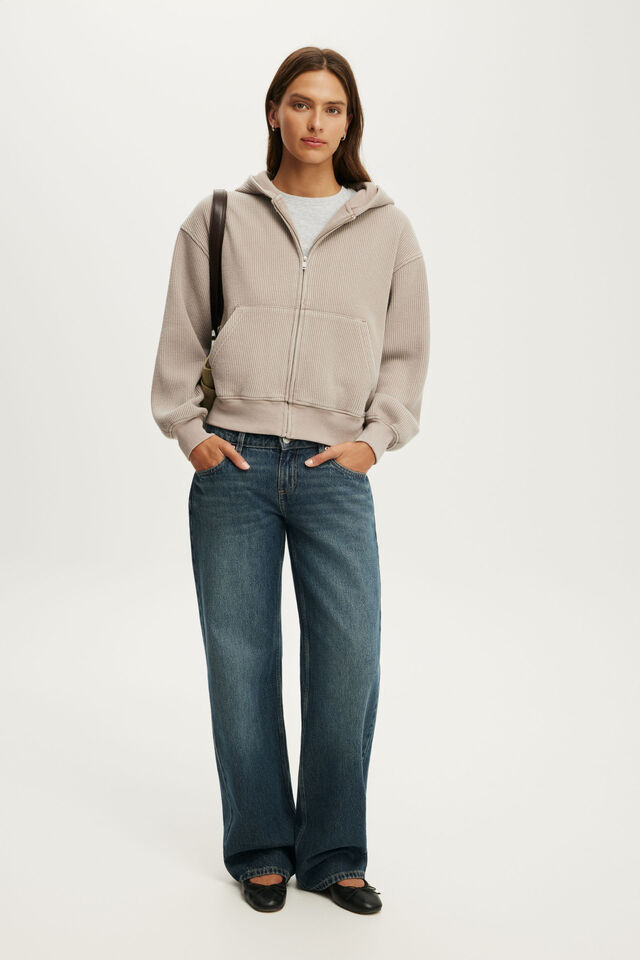 Waffle Zip Through Hoodie, WASHED PEBBLESTONE