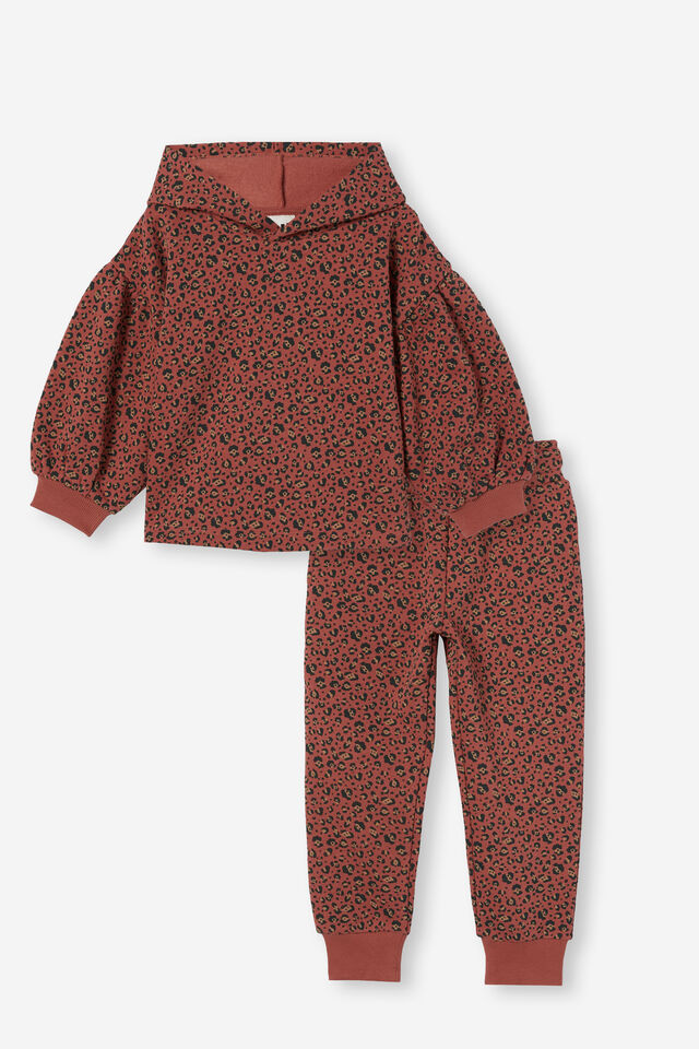 Girls Fleece Tilly Hoodie and Trackpant, Chutney/Snow Leopard