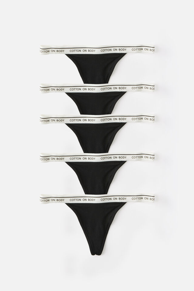 5 Pack Branded Cotton G-String Brief, Black