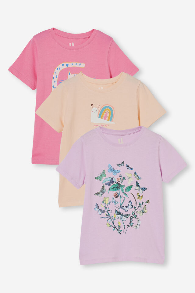 3 Pack Penelope Short Sleeve Tee, Quirky Cat/Peach Snail/Violet Garden