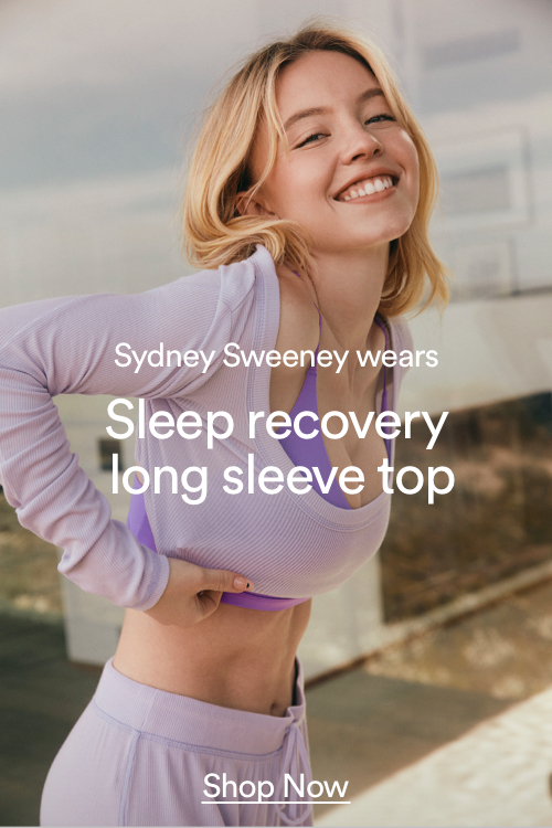Sydney Sweeney wears Sleep recovery long sleeve top. Click to Shop Now.