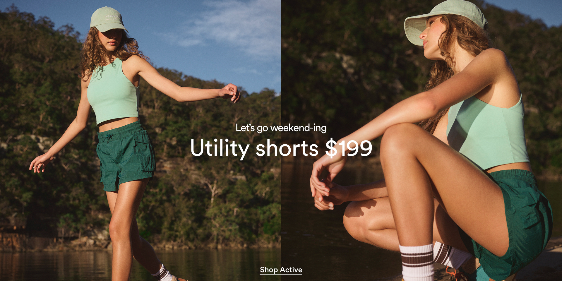 Let's go weekend-ing. Utility shorts $199. Click to Shop New in Active.