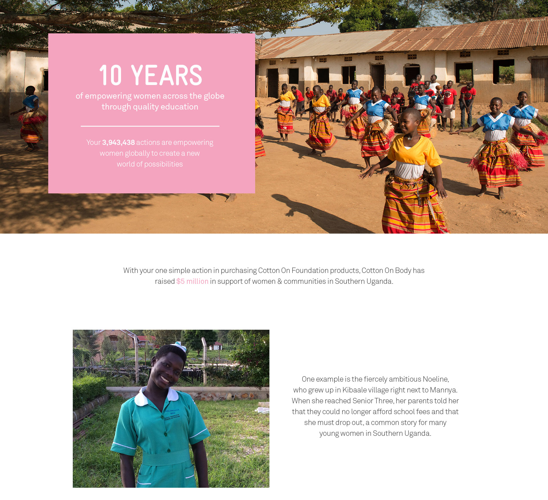 10 years of empowering women across the globe through quality education. With your simple action in purchasing Cotton On Foundation products, Cotton On Body has raised $5 million in support of women & communities in Southern Uganda.