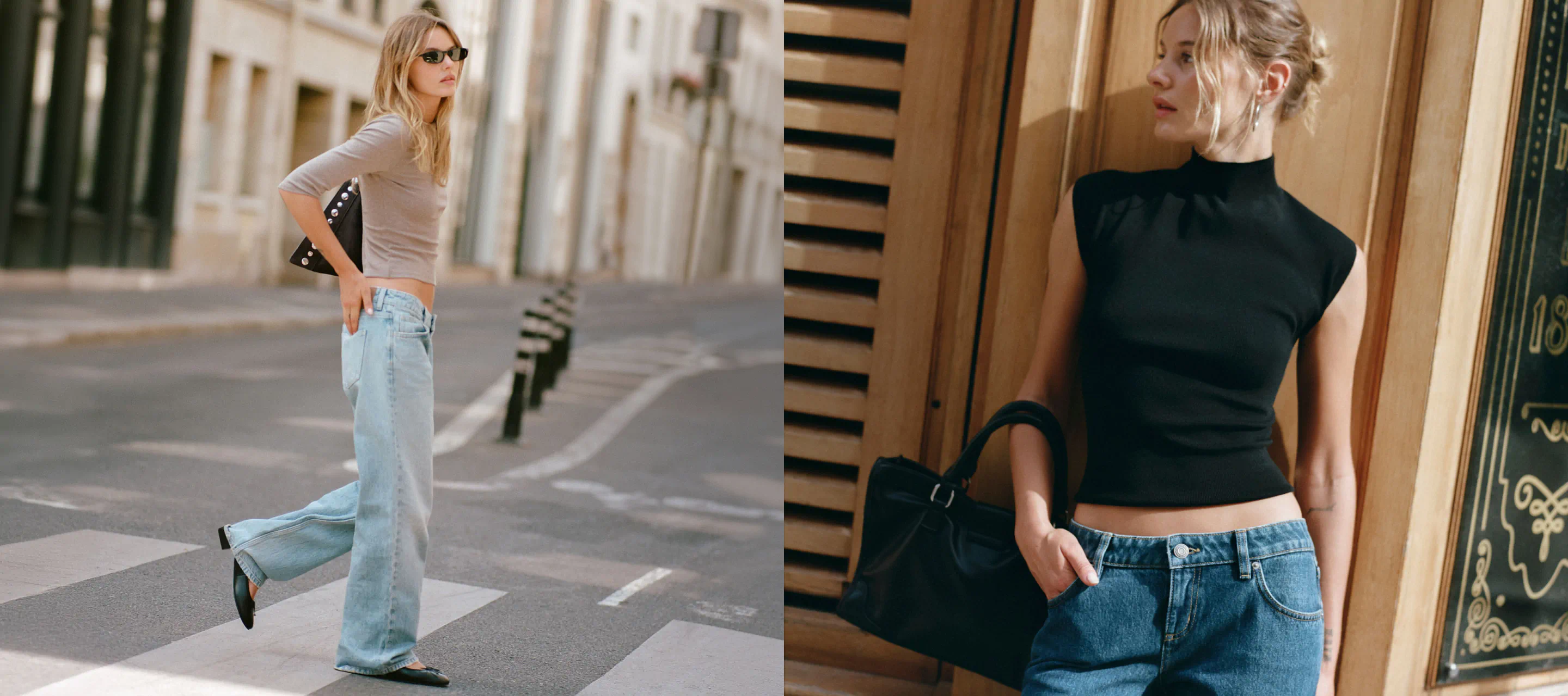 Two women modeling casual outfits with light blue jeans paired with neutral and black tops in urban settings