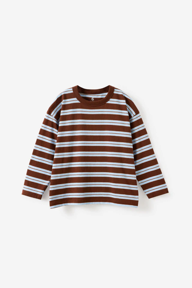 Brown and white striped long-sleeve crew neck sweatshirt displayed flat on a light gray background