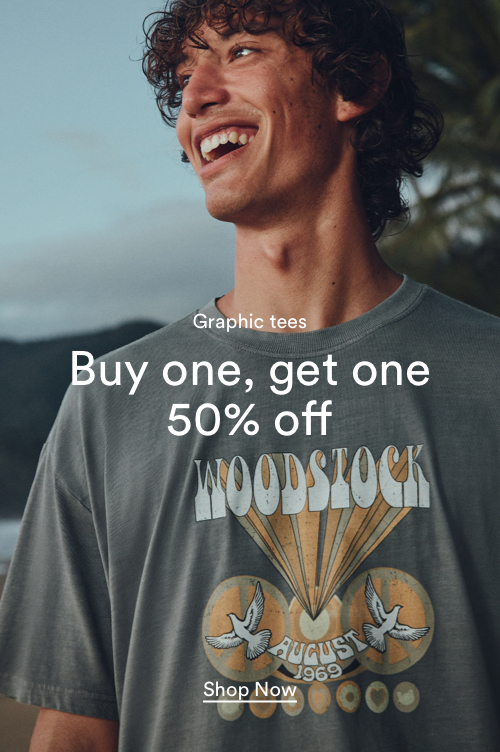 Graphic tees. Buy one, get one 50% off. Click to shop now.