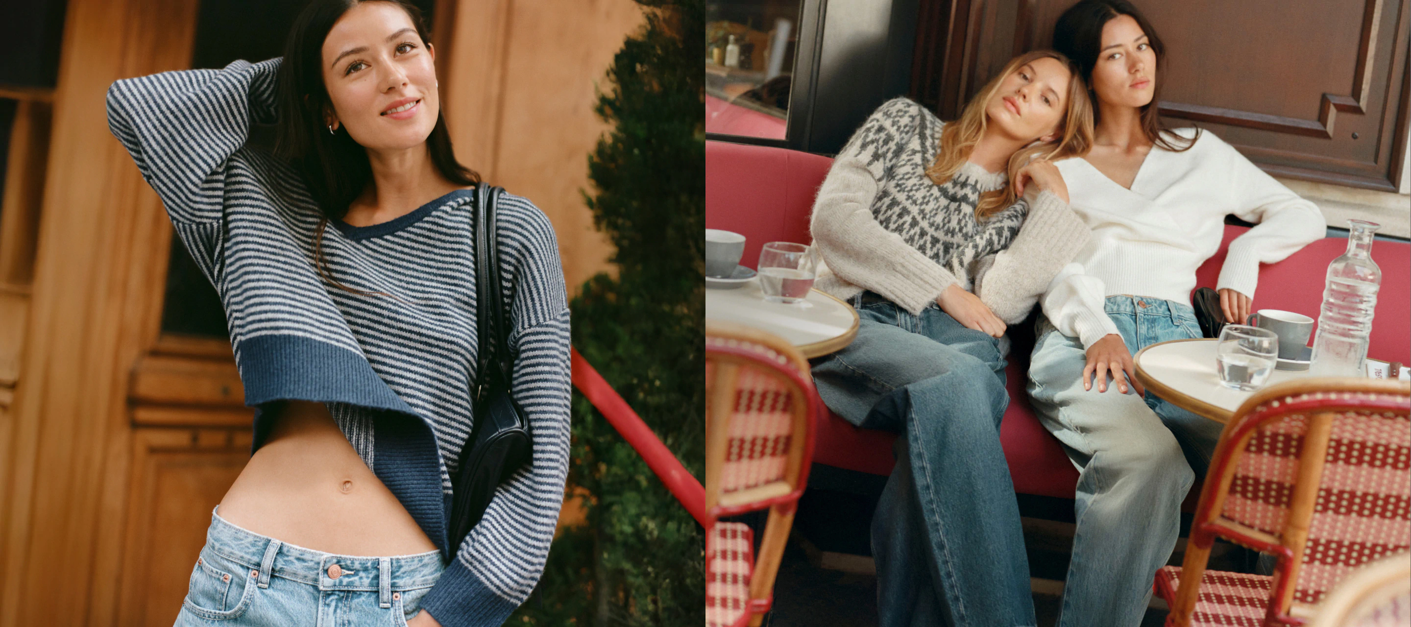 Left: Woman wearing striped blue and white long-sleeve top with blue jeans, hand behind head. Right: Two women sitting on red couch wearing knit sweaters and jeans
