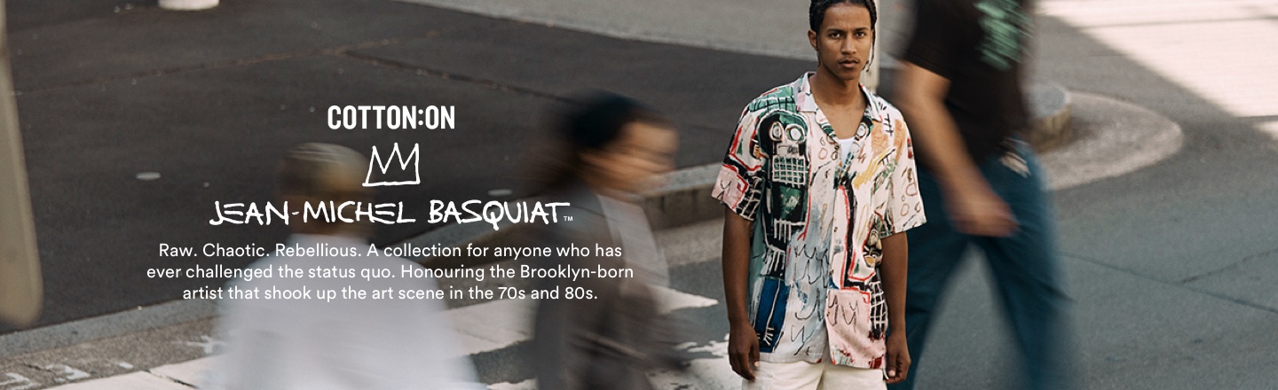 Cotton On x Jean-Michel Basquiat. Raw. Chaotic. Rebellious. A collection for anyone who has ever changed the status quo. Honouring the Brooklyn-born artist that shook up the art scene in the 70s and 80s.