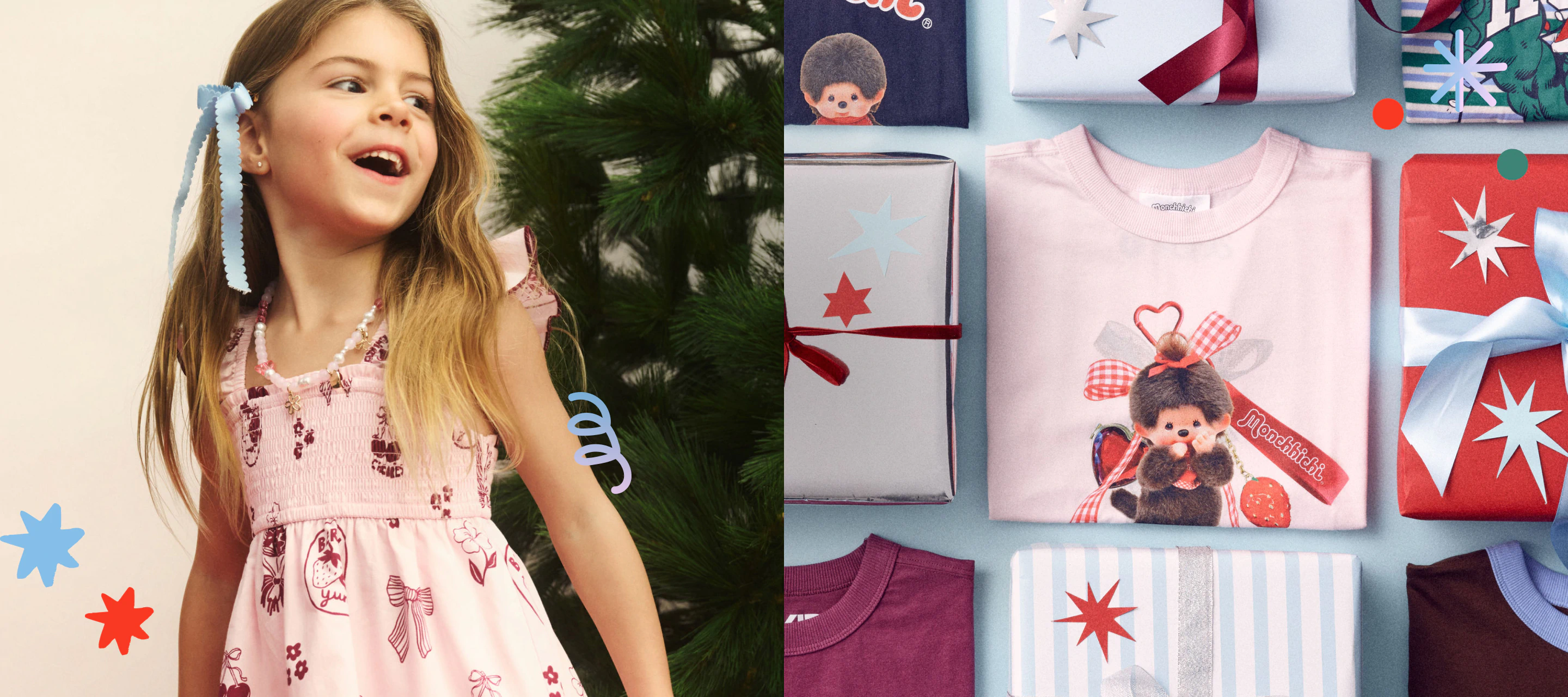 Young girl wearing pink dress with bow hair clip, smiling near Christmas tree. Pink t-shirt and burgundy sweater displayed with festive gift boxes and decorations