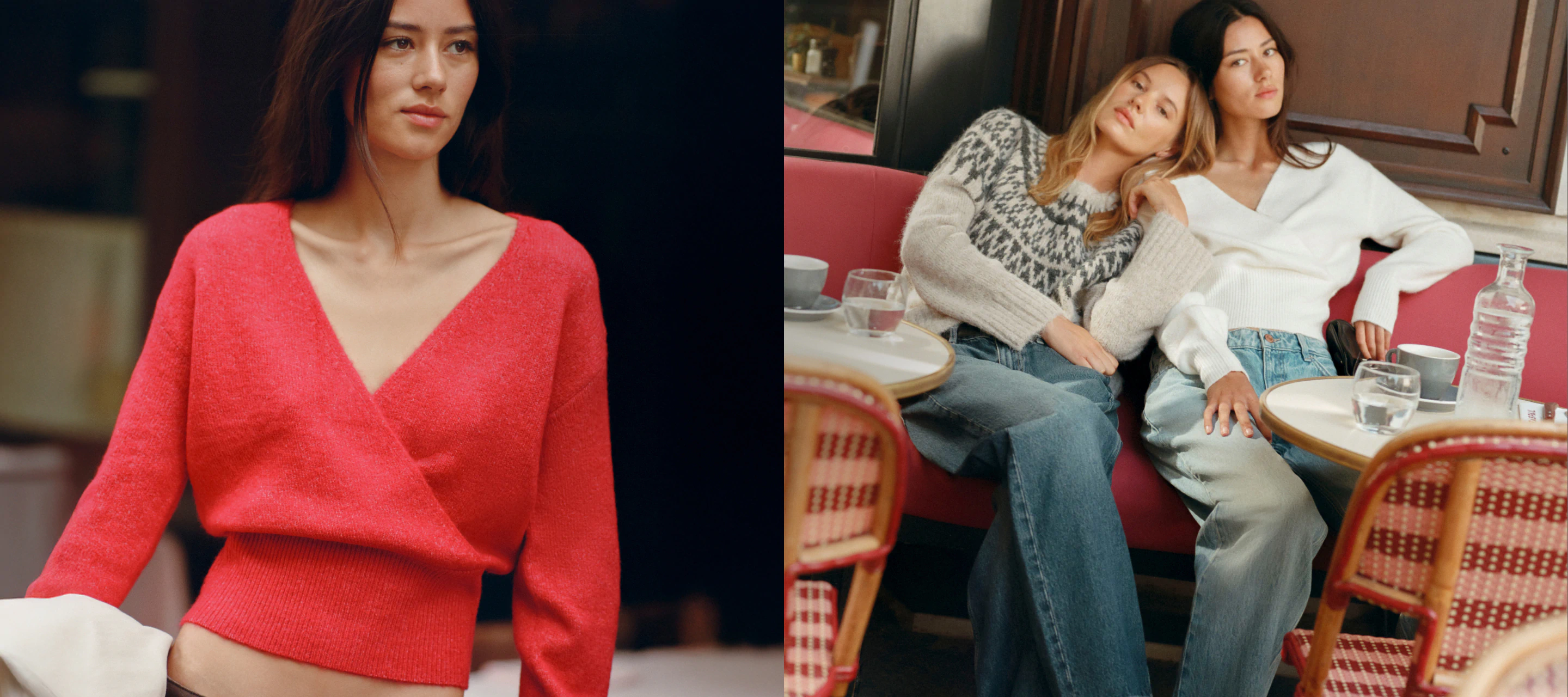 Left: Woman wearing a coral red v-neck sweater. Right: Two women on a red couch wearing knit sweaters and jeans