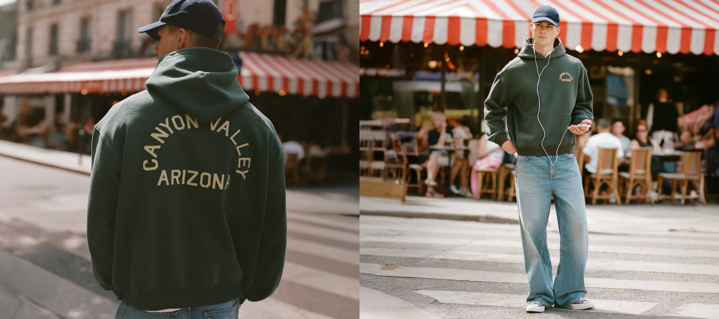 Two views of a man wearing a dark green "Canyon Valley Arizona" hoodie and blue jeans in an outdoor market setting with red and white striped awnings