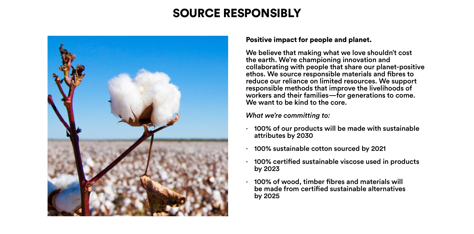 Source Responsibly. Positive Impact For People And Planet. We're Committing To: 100% Of Our Products Will Be Made With Sustainable Attributes By 2030.